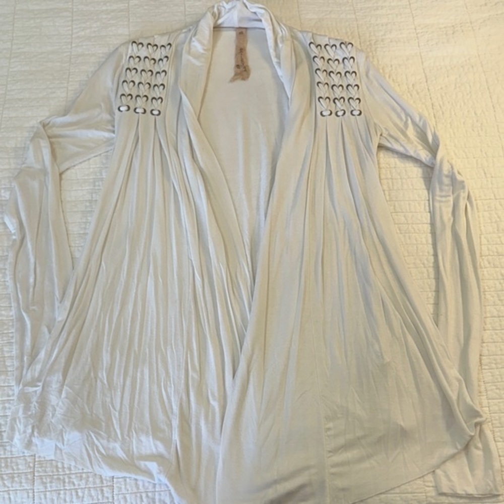 Anthropologie Bailey 44 XS Cardigan Cream White Open Front Embellished Soft